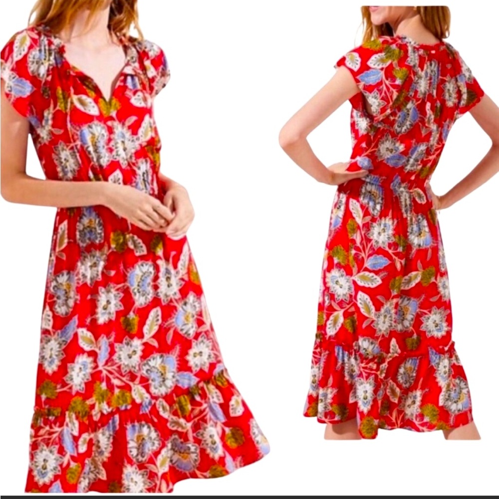 LOFT Red Floral  Flutter Sleeve Flounce Midi Dress size Small Petite